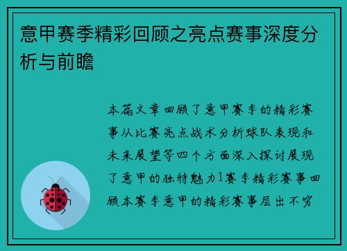 意甲赛季精彩回顾之亮点赛事深度分析与前瞻